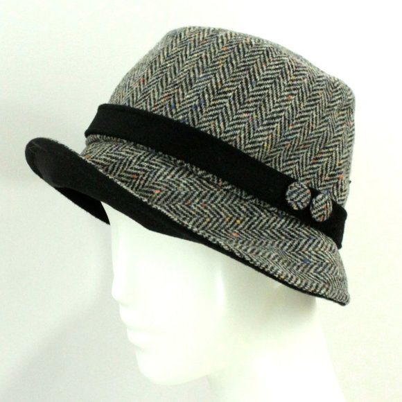 New Herringbone Fold Brim Wool Bucket Hat Black Gray Made in Ireland - Picture 3 of 8